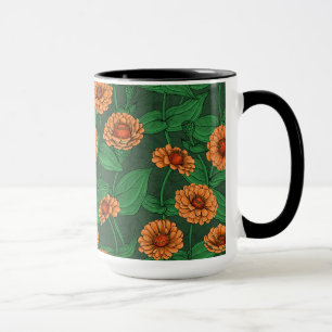Orange Zinnia Blume, grüne Blätter auf dunkelgrün Tasse