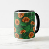 Orange Zinnia Blume, grüne Blätter auf dunkelgrün Tasse (VorderseiteRechts)
