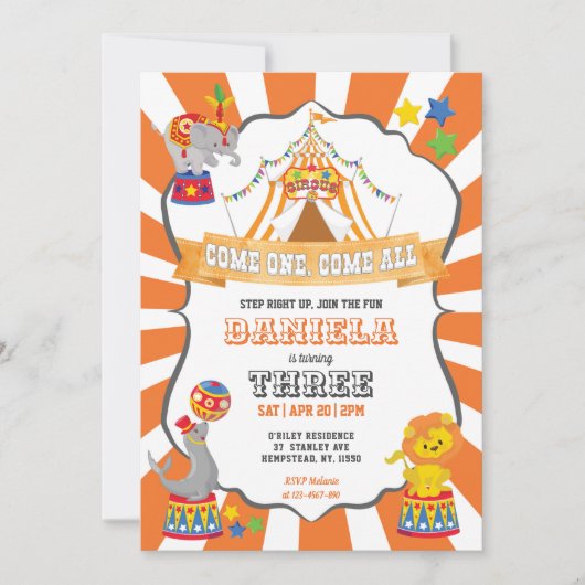 Orange Zirkus Karneval Geburtstag Einladung (Vorderseite)