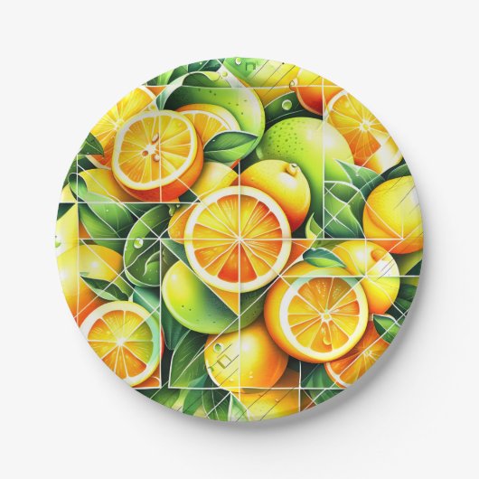Orange Zitrone Botanisch Citrus Geometrisch Pappteller (Vorderseite)