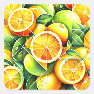 Orange-Zitronen-Botanik-Zitrus-Geometrisch Quadratischer Aufkleber