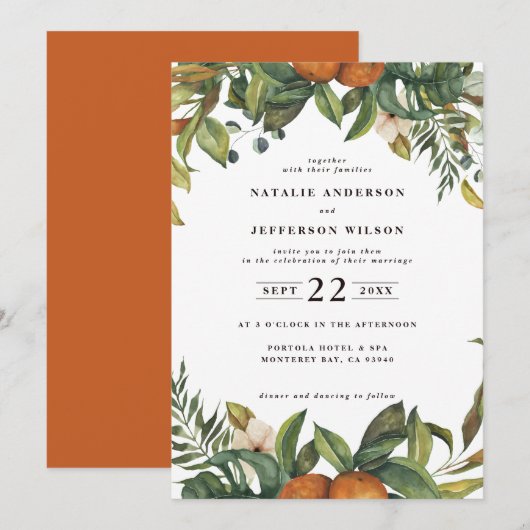 Orange-Zitrus-Aquarell botanische Hochzeit Save The Date (Vorne/Hinten)