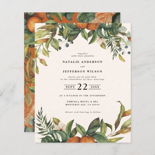 Orange Zitrusblütenhochzeit sparen das Datum (Vorne/Hinten)