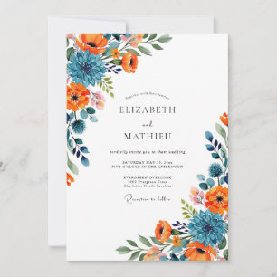 Orangeblaue florale Hochzeit Einladung