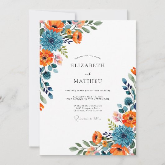 Orangeblaue florale Hochzeit Einladung (Vorderseite)