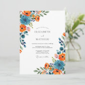 Orangeblaue florale Hochzeit Einladung (Stehend Vorderseite)