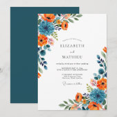 Orangeblaue florale Hochzeit Einladung (Vorne/Hinten)