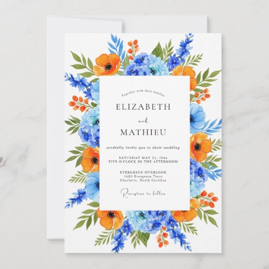 Orangeblaue lebendige Hochzeitsblumen Einladung (Vorderseite)