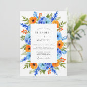 Orangeblaue lebendige Hochzeitsblumen Einladung (Stehend Vorderseite)