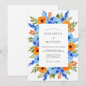Orangeblaue lebendige Hochzeitsblumen Einladung (Vorne/Hinten)