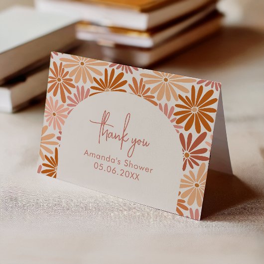 Orangefaltetes und rosafarbenes Retro-Blumenjungen Dankeskarte
