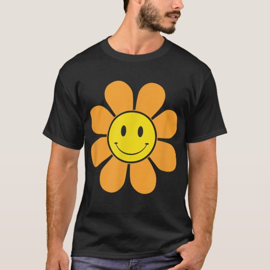 Orangefarbene 70er Retro Blume mit gelbem Gesicht T-Shirt (Vorderseite)