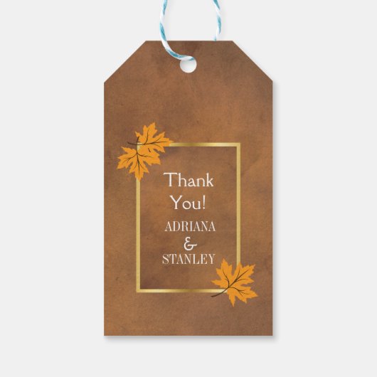 Orangefarbene Ahornfrüchte Blätter auf brauner Hoc Geschenkanhänger (Rückseite)