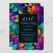 Orangefarbene Aquamarine Lila Neon-Blume jeden Geb Einladung (Vorne/Hinten)