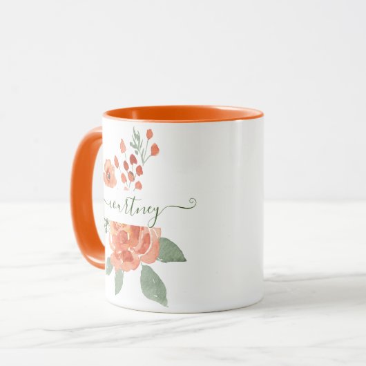 Orangefarbene Aquarellblumen personalisiert Tasse (Vorderseite Links)