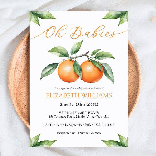 Orangefarbene Babydusche Einladung für Zwillinge