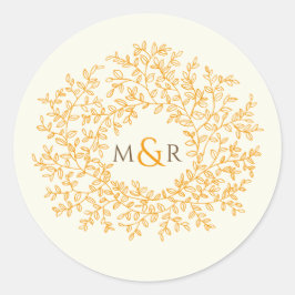 Orangefarbene Blätter auf weißer Hochzeitmonogramm Runder Aufkleber