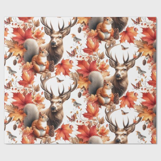 Orangefarbene Blätter und Hirsche im Herbst Geschenkpapier (Flach)