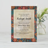 Orangefarbene blaue Blumen auf rustikalem Holz-Tru Einladung (Stehend Vorderseite)