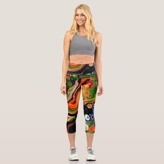 Orangefarbene, blaue, grüne, schwarze, digitale Fl Capri Leggings (Vorderseite)