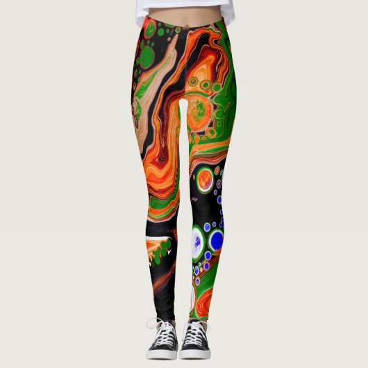 Orangefarbene, blaue, grüne, schwarze, digitale Fl Leggings (Vorderseite)