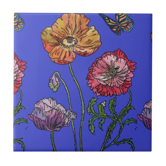 Orangefarbene blaue Mohnblume Keramik Tile Fliese (Vorderseite)