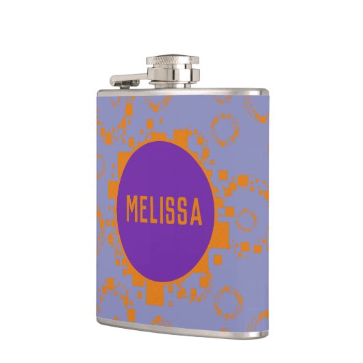 Orangefarbene blaue Quadrate Muster Name Schwindel Flachmann (Links)