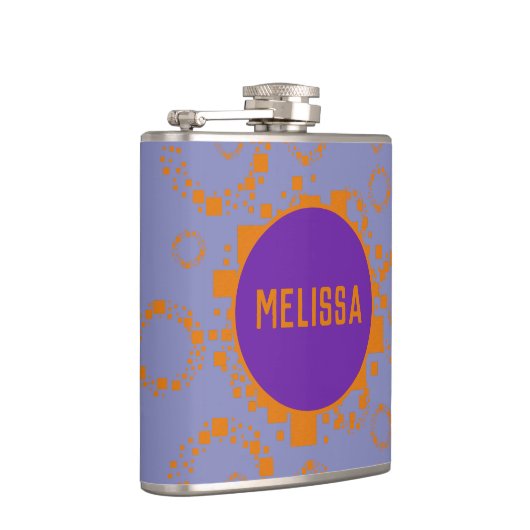 Orangefarbene blaue Quadrate Muster Name Schwindel Flachmann (Rechts)