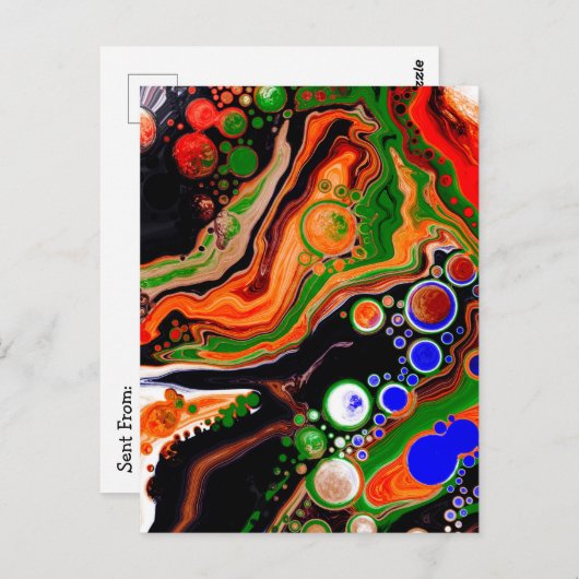 Orangefarbene, blaue, schwarze, digitale Fluid-Kun Postkarte (Vorne/Hinten)