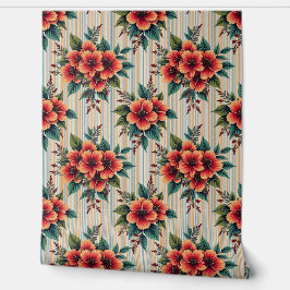 Orangefarbene Blume auf blaue und tan Streifen Tapete