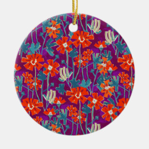 Orangefarbene Blume auf lila Kissen Keramik Ornament