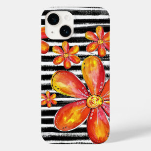 Orangefarbene Blume auf schwarzen Streifen Case-Mate iPhone 14 Hülle