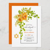 Orangefarbene Blume Bat Mitzvah Einladung (Vorne/Hinten)