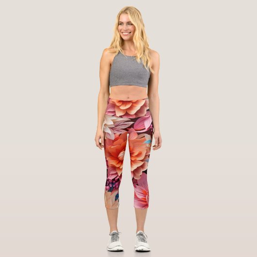 Orangefarbene Blume blüht und Blätter Capri Leggings (Vorderseite)
