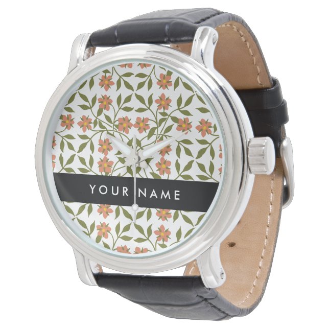 Orangefarbene Blume, Blumenmuster, Boho, Ihr Name Armbanduhr (Schrägansicht)