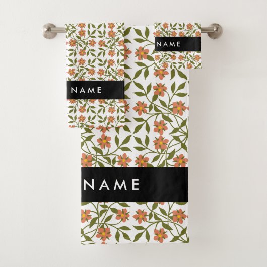 Orangefarbene Blume, Blumenmuster, Boho, Ihr Name Badhandtuch Set (Insitu)
