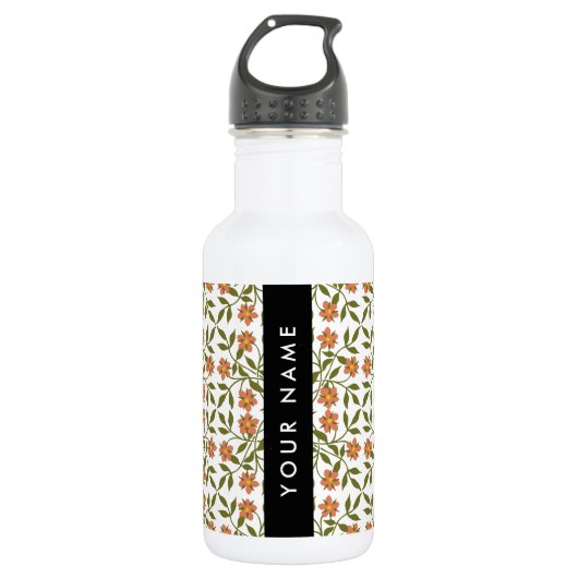 Orangefarbene Blume, Blumenmuster, Boho, Ihr Name Edelstahlflasche (Vorderseite)