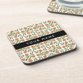 Orangefarbene Blume, Blumenmuster, Boho, Ihr Name Getränkeuntersetzer (Linke Seite)