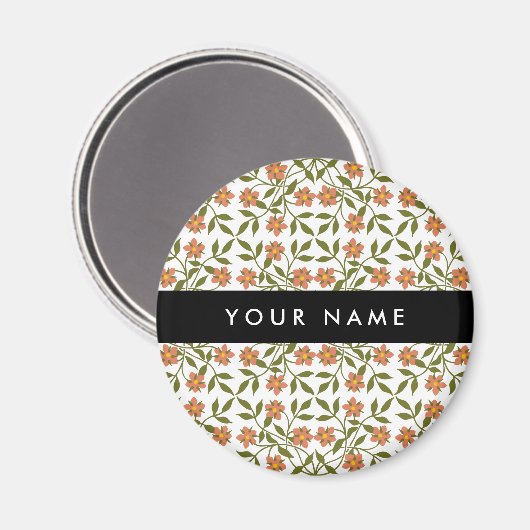 Orangefarbene Blume, Blumenmuster, Boho, Ihr Name Magnet (Vorderseite/Rückseite)