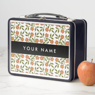 Orangefarbene Blume, Blumenmuster, Boho, Ihr Name Metall Brotdose