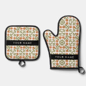 Orangefarbene Blume, Blumenmuster, Boho, Ihr Name Ofenhandschuh & Topflappen-Set (Vorderseite)