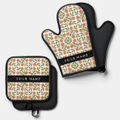 Orangefarbene Blume, Blumenmuster, Boho, Ihr Name Ofenhandschuh & Topflappen-Set (Vorderseite/Rückseite)