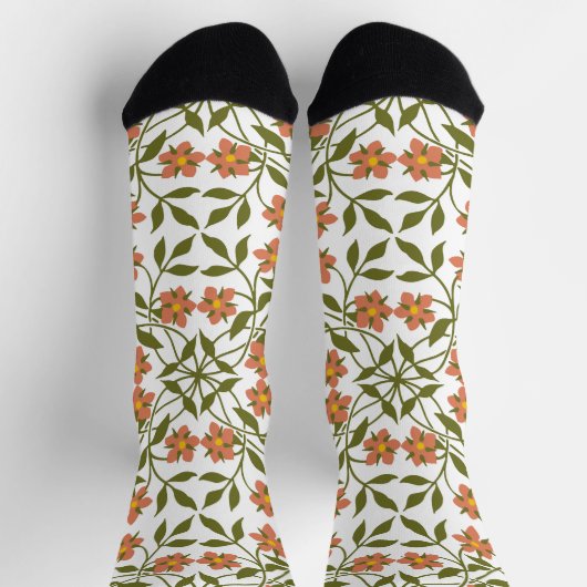 Orangefarbene Blume, Blumenmuster, Grünpflanzen, B Socken (Oben)