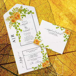 Orangefarbene Blume, Bogen und Monogramm-Hochzeit  All In One Einladung