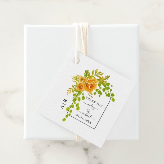 Orangefarbene Blume, Bogen und Monogramm-Hochzeit Geschenkanhänger (Beispiel)