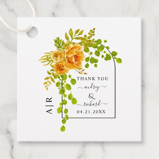 Orangefarbene Blume, Bogen und Monogramm-Hochzeit Geschenkanhänger (Vorderseite)