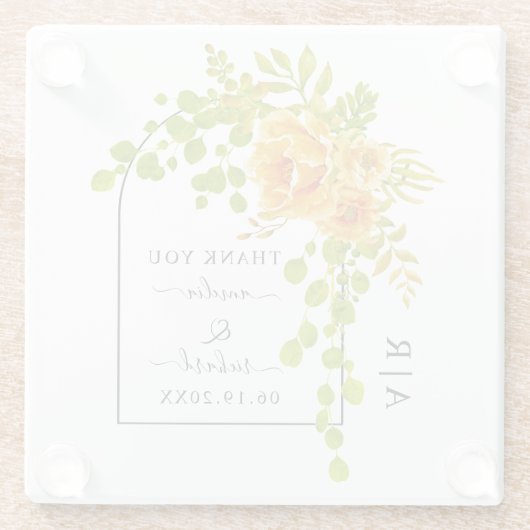 Orangefarbene Blume, Bogen und Monogramm-Hochzeit  Glasuntersetzer (Rückseite)