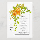 Orangefarbene Blume, Bogen und Monogramm-Hochzeit Menükarte (Vorderseite)