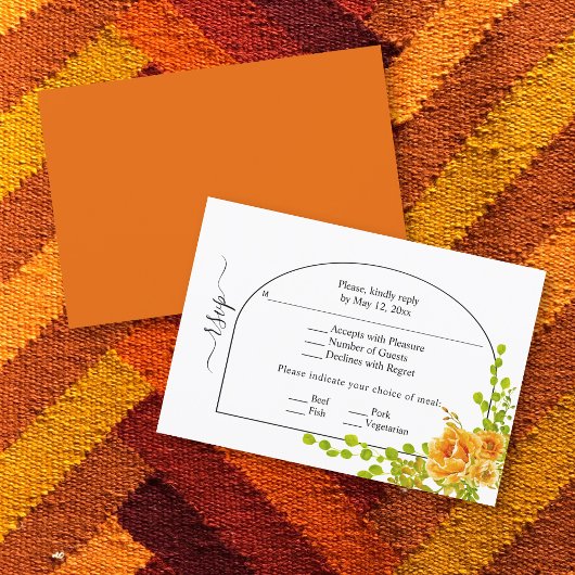 Orangefarbene Blume, Bogen und Monogramm-Hochzeit RSVP Karte