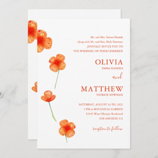 Orangefarbene Blume. Einfache Blumenhochzeit Einladung (Vorne/Hinten)